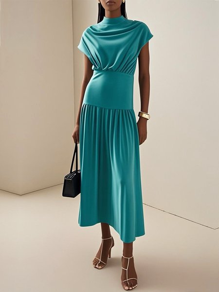 

Urban Ruched Stand Collar Midi Dress, Blue, Maxi Dresses