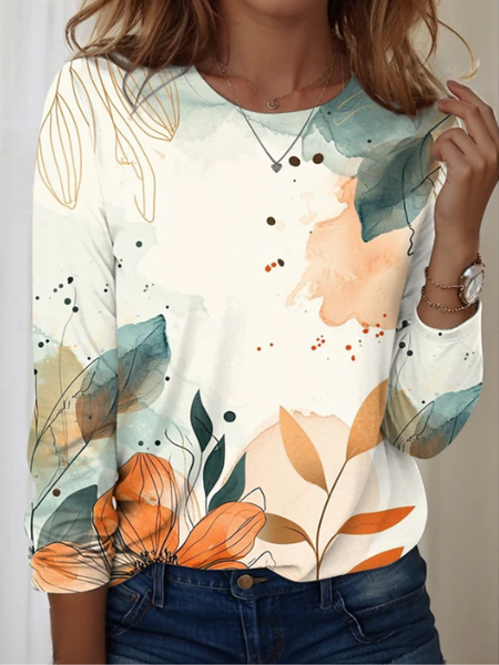

Casual Floral Print Crew Neck Cotton T-Shirt, As picture, Long sleeves