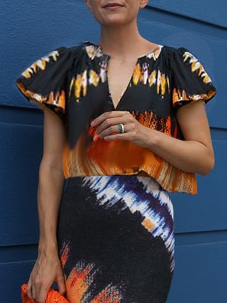 

Urban Random Print Gathered V Neck Puff Sleeve Blouse, As picture, Blouses and Shirts