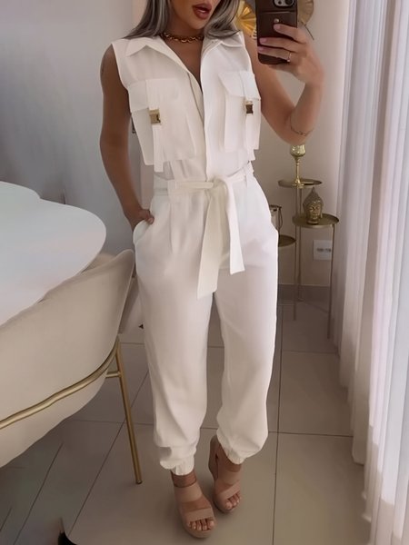 

Urban Plain Shirt Jumpsuit With Belt, White, Jumpsuits