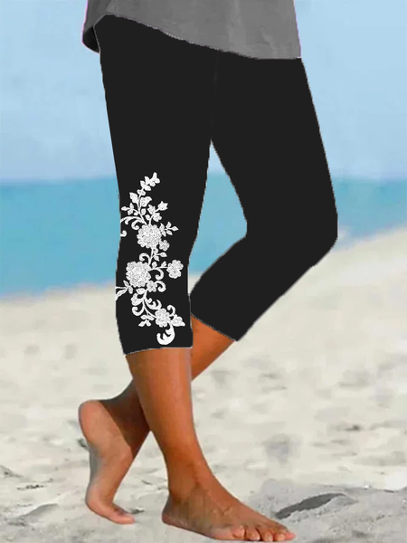 Women's Floral Capris Elastic Waist Pant Casual Summer Trousers, Black, Leggings