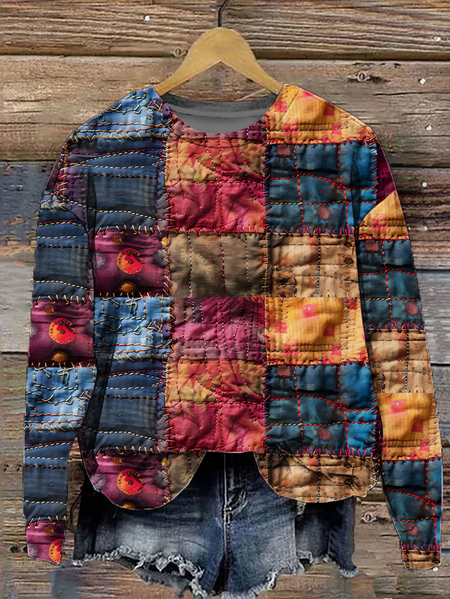 

Women's Patchwork Art Print Crew Neck Loose Casual Sweatshirt, As picture, Hoodies&Sweatshirts