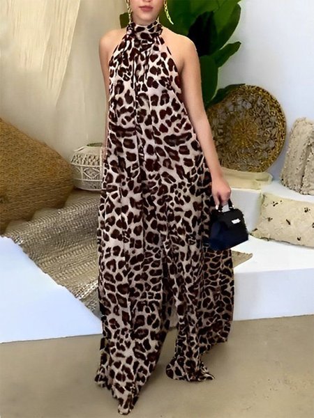 

Casual Leopard Halter Tank Jumpsuit, Brown, Jumpsuits