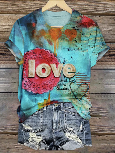 

Casual Geometric Crew Neck Short Sleeve T-shirt, Lake blue, T-shirts
