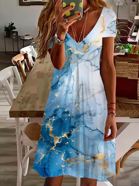 

Women's Abstract Spring Print Casual V-Neck Short Sleeve Dress, Blue, Dresses