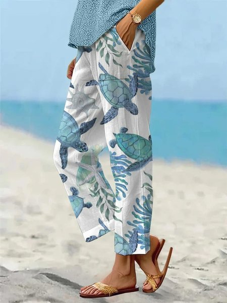 

Women Animal Print Vacation Casual Pants, White, Pants