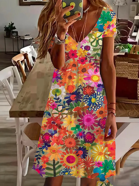 

Women's Floral Short Sleeve Summer Printing Dress V Neck Daily Casual Knee Length T-Shirt Dress H-Line Dress, As picture, Casual Dresses