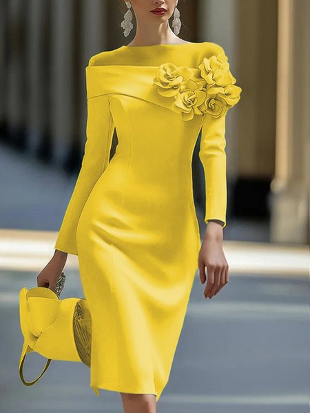 

Elegant 3D Floral Crew Neck Formal Dress, Yellow, Midi Dresses