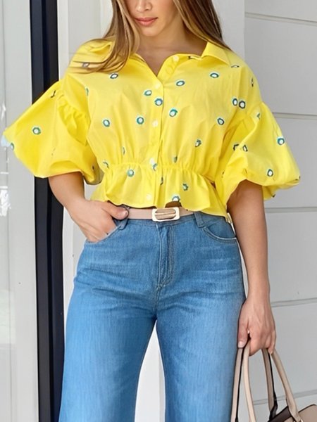 

Urban Floral Printing Puff Sleeve Shirt, Yellow, Blouses and Shirts