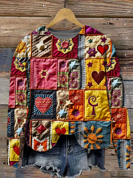 

Women's Patchwork Art Print Loose Geometric Casual Sweatshirt, As picture, Hoodies&Sweatshirts