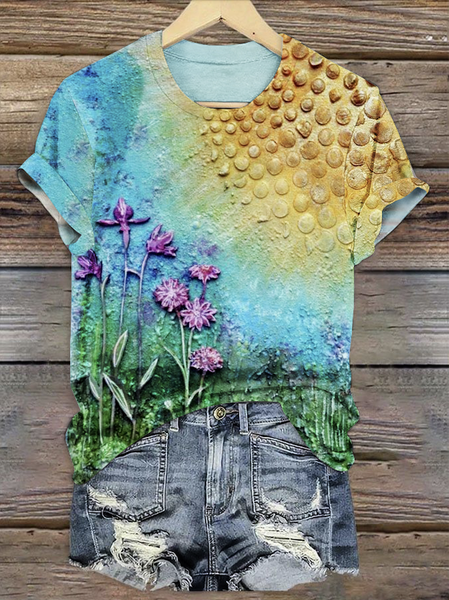 

Casual Floral Crew Neck Short Sleeve T-shirt, Lake blue, T-shirts