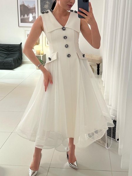 

Elegant Buttoned Shawl Collar Midi Dress, White, Maxi Dresses