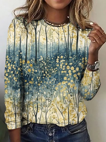 

Casual Floral Crew Neck Long Sleeve T-shirt, Apricot, T-shirts