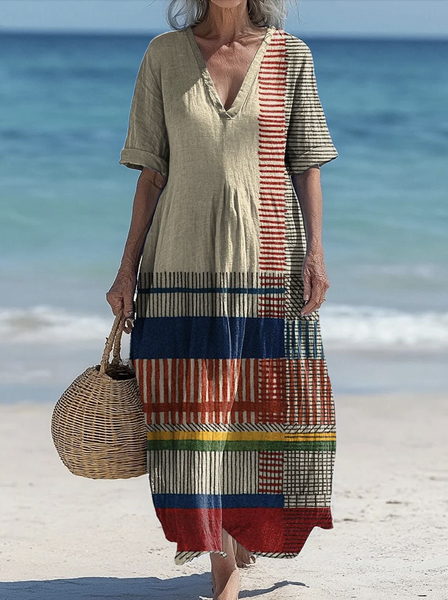 

Women Geometric V Neck Short Sleeve Comfy Casual Maxi Dress, Khaki, Maxi