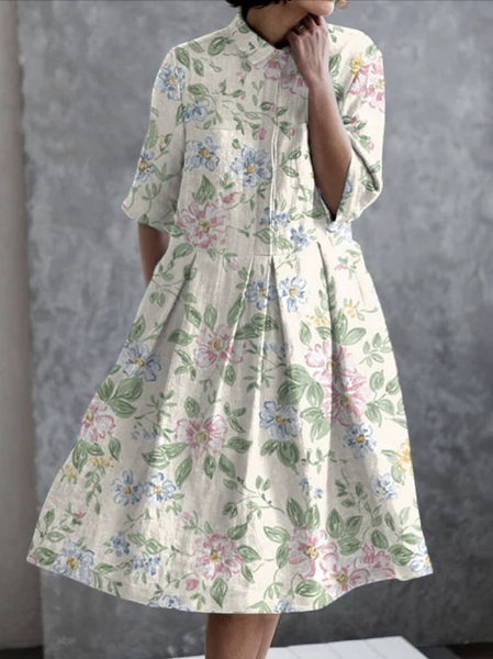 

Women Floral Shirt Collar Half Sleeve Comfy Casual Maxi Dress, Apricot, Midi