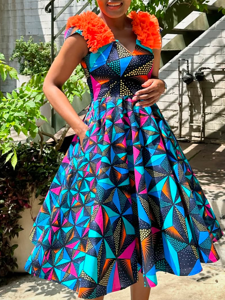 

Casual Geometric Printing V Neck Midi Dress, As picture, Midi Dresses