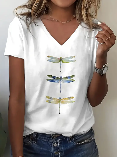 

Women's Dragonfly Spring Print Casual V-Neck Short Sleeve T-Shirt, White, T-shirts