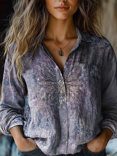 

Women's Retro Ethnic Totem Printed Casual Long Sleeve Linen Shirt, As picture, Blouses