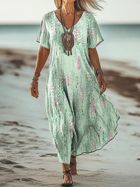 Women's Short Sleeve floral printed V Neck Casual Maxi T-Shirt Dress, As picture, Maxi Dresses