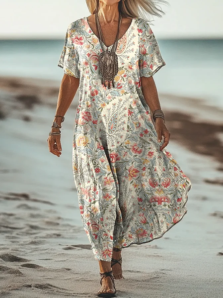

Women Paisley V Neck Short Sleeve Comfy Vintage Maxi Dress, As picture, Dresses