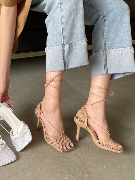 

Summer Mesh Fabric Plain Urban Strappy Sandals, Apricot, Sandals