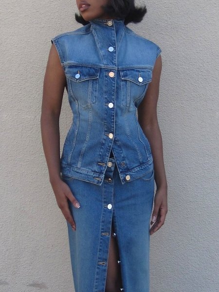 

Urban Plain Denim Vest, Blue, Blouses and Shirts