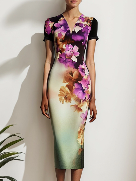 Casual Floral Printing Midi Dress, As picture, Midi Dresses