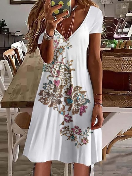 

Women 3D Printing V Neck Short Sleeve Comfy Vintage Knee Length Dress, White, Dresses