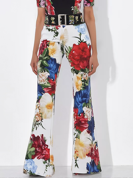 

Elegant Floral Wide Leg Pants No Belt, As picture, Pants