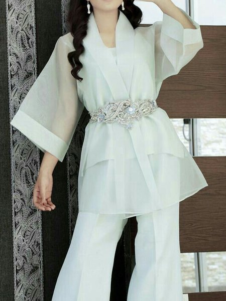 

Elegant Plain Shawl Collar Kimono With Inside Vest No Belt, White, Kimonos