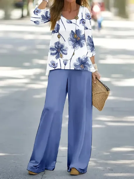 

Women's Floral Printing Two-Piece Set Daily Long Sleeve Casual Spring/Fall Top With Pants Matching Set, Blue, Suit Set