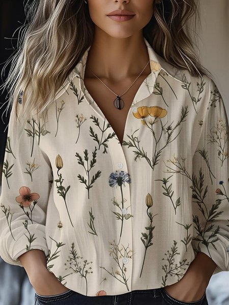 

Women's Artistic Floral Print Long Sleeve Cotton and Linen Shirt, As picture, Blouses