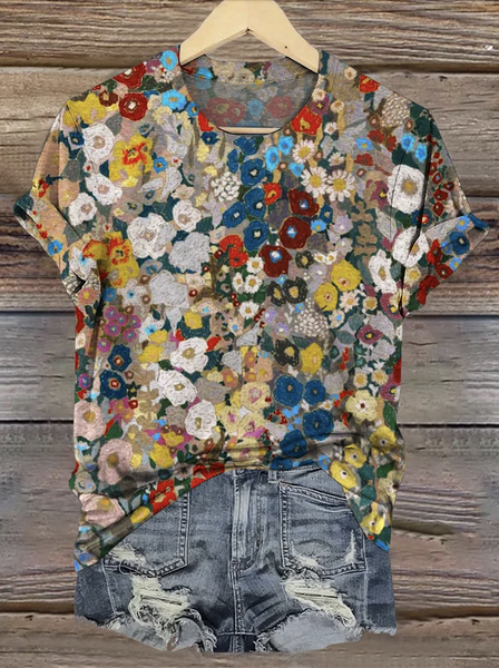 

Casual Floral Crew Neck Short Sleeve T-shirt, Multicolor, T-shirts