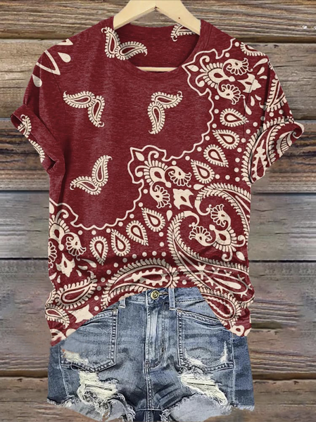 

Casual Floral Crew Neck Short Sleeve T-shirt, Red, T-shirts