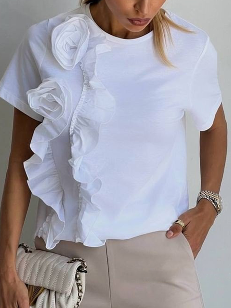

Casual Plain 3D Floral Crew Neck T-shirt, White, Tees