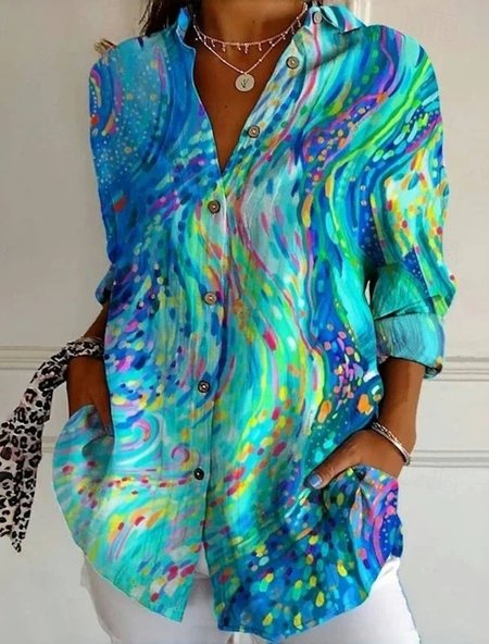 

Women Vintage Casual Graphic Geometric Blouse, Blue, Blouses