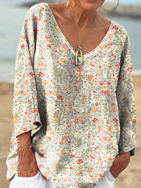 

Casual Paisley V Neck Long Sleeve T-shirt, As picture, T-shirts