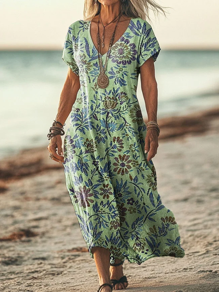 

Women's Short Sleeve Summer Green Floral Printing V Neck Daily Going Out Casual Maxi H-Line T-Shirt Dress Dress, Maxi Dresses