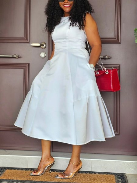 

Casual Sleeveless Ruched Crew Neck Midi Dress, White, Midi Dresses
