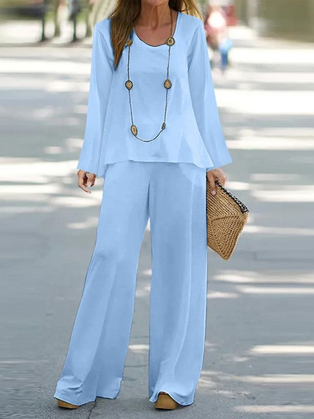 

Women's Plain Printing Two-Piece Set Daily Long Sleeve Casual Spring/Fall Top With Pants Matching Set, Blue, Suit Set