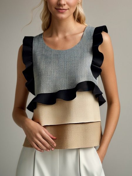 

Faux Cotton And Linen Casual Color Block Peplum Crew Neck Tank Top, As picture, Tanks and Camis