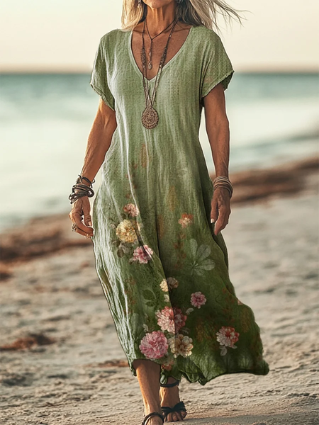 

Women's Floral Short Sleeve Summer Printing Dress V Neck Daily Casual Maxi T-Shirt Dress H-Line Dress, Green, Casual Dresses
