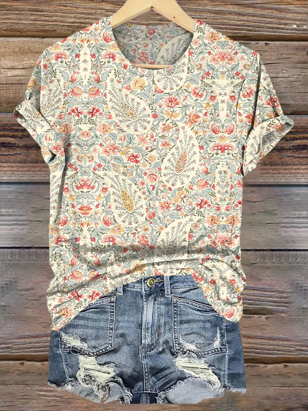 

Casual Paisley Crew Neck Short Sleeve T-shirt, As picture, T-shirts