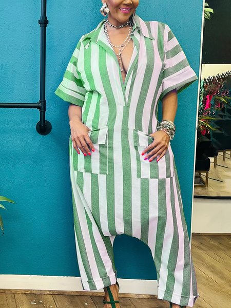 Casual Loosen Pockets Striped Shawl Collar Shirt Jumpsuit, White-green, Jumpsuits