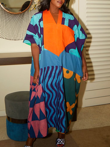 Vacation Geometric Raglan Sleeve Printing V Neck Maxi Dress, As picture, Maxi Dresses