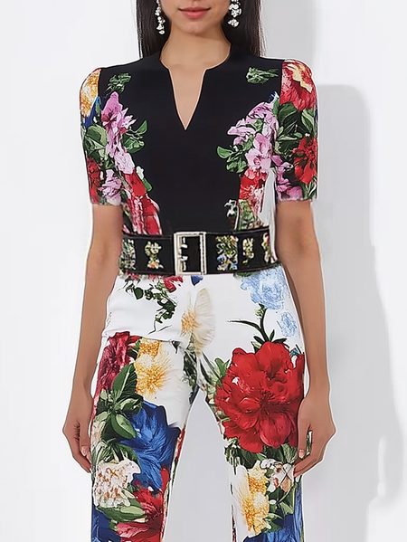 

Elegant Floral Printing T-shirt, Black, Tees