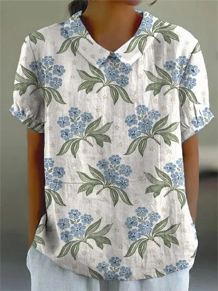 Women Blue Hydrangea Floral Pattern Printed Casual Blouse, As picture, Blouses & Shirts