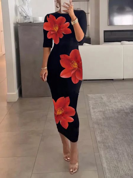 

Casual Floral Printing Crew Neck Midi Dress, Black-red, Midi Dresses