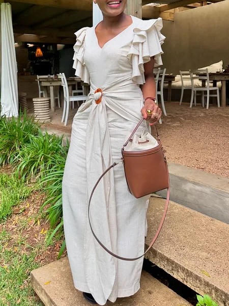 

Casual Plain Ruffle Sleeve Peplum V Neck Maxi Dress With Belt, Off white, Maxi Dresses