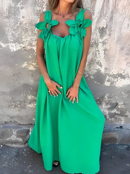 

Vacation Plain 3D Floral Spaghetti Maxi Dress, Green, Maxi Dresses